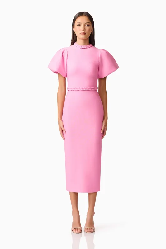 Coralene Puff Sleeve Midi Dress in Pink made by Elliatt