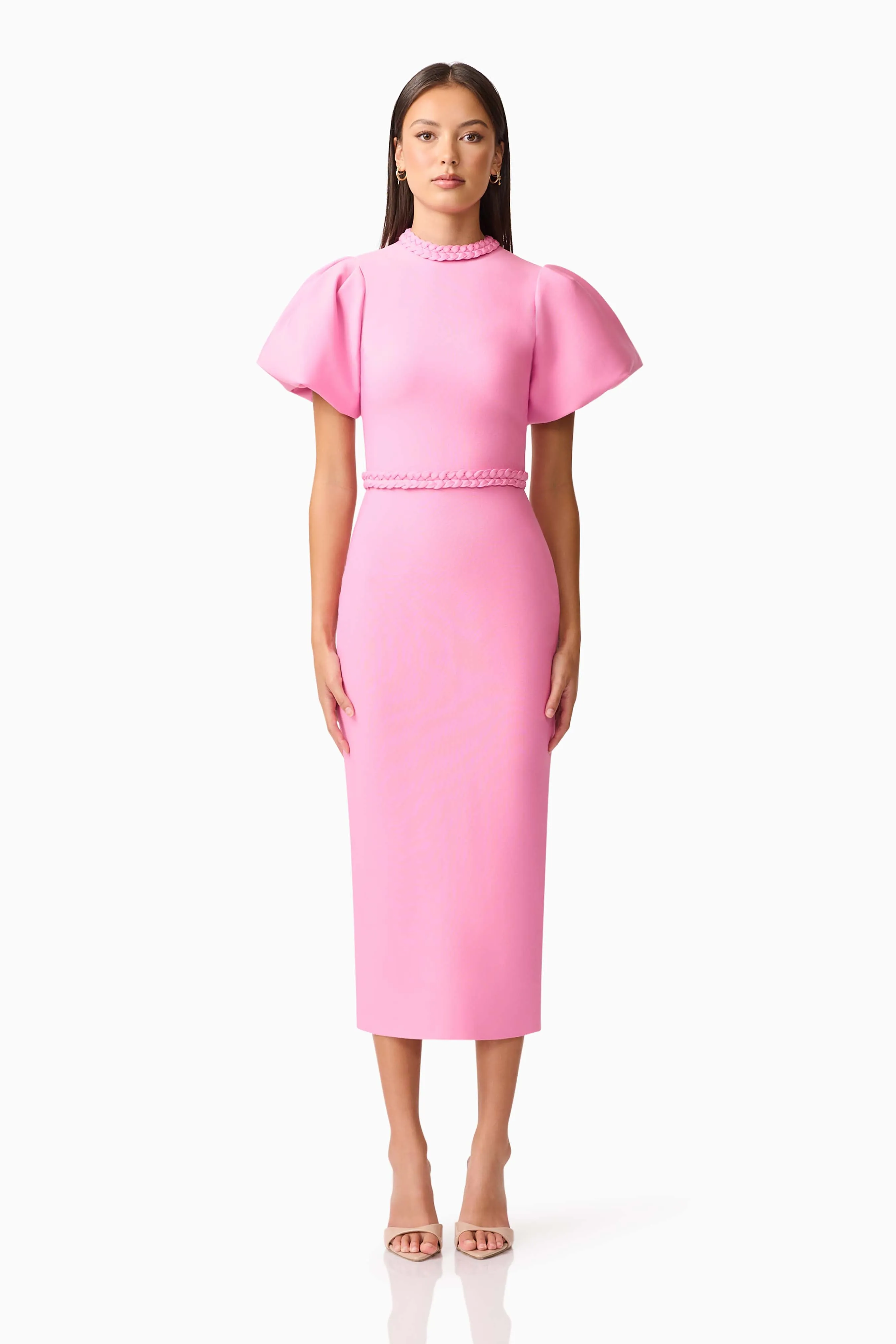 Coralene Puff Sleeve Midi Dress in Pink sold by Elliatt
