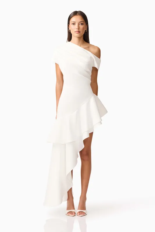 Livia Asymmetrical Gown in White sold by Elliatt