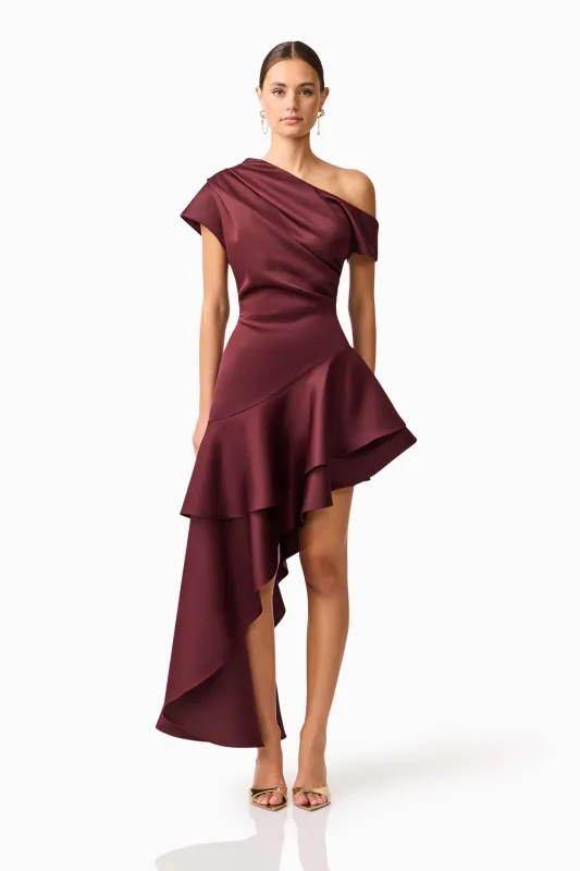 Livia Asymmetrical Gown in Burgundy made by Elliatt