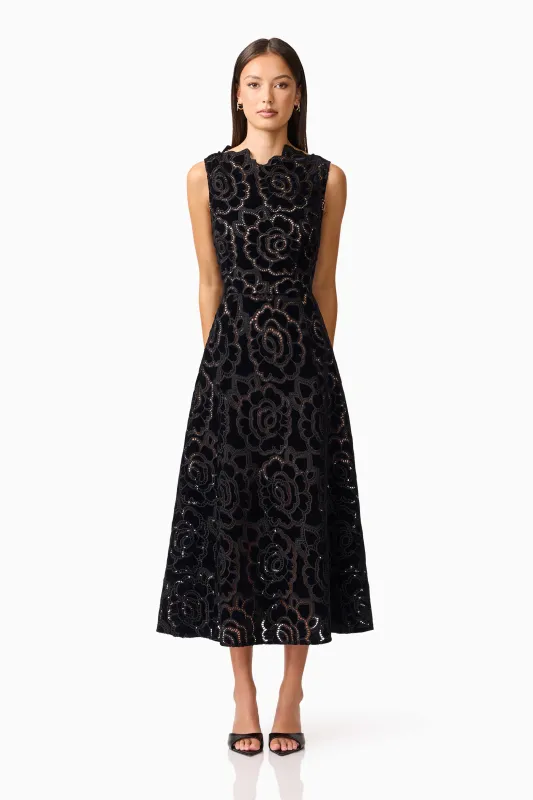 Eris Fit & Flare Midi Dress in Black sold by Elliatt