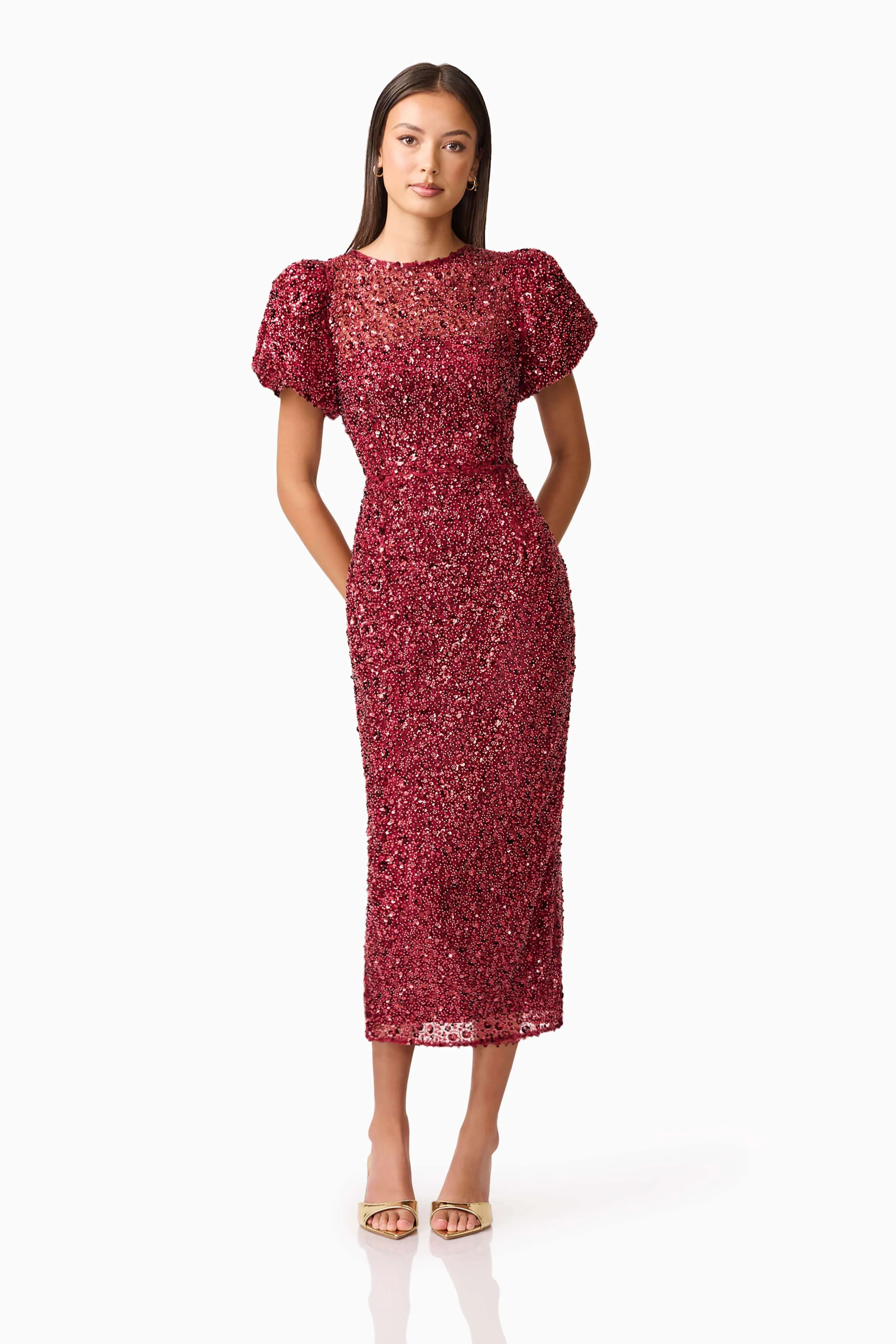 Carmen Puff Sleeve Midi Dress in Red sold by Elliatt product image thumbnail 4