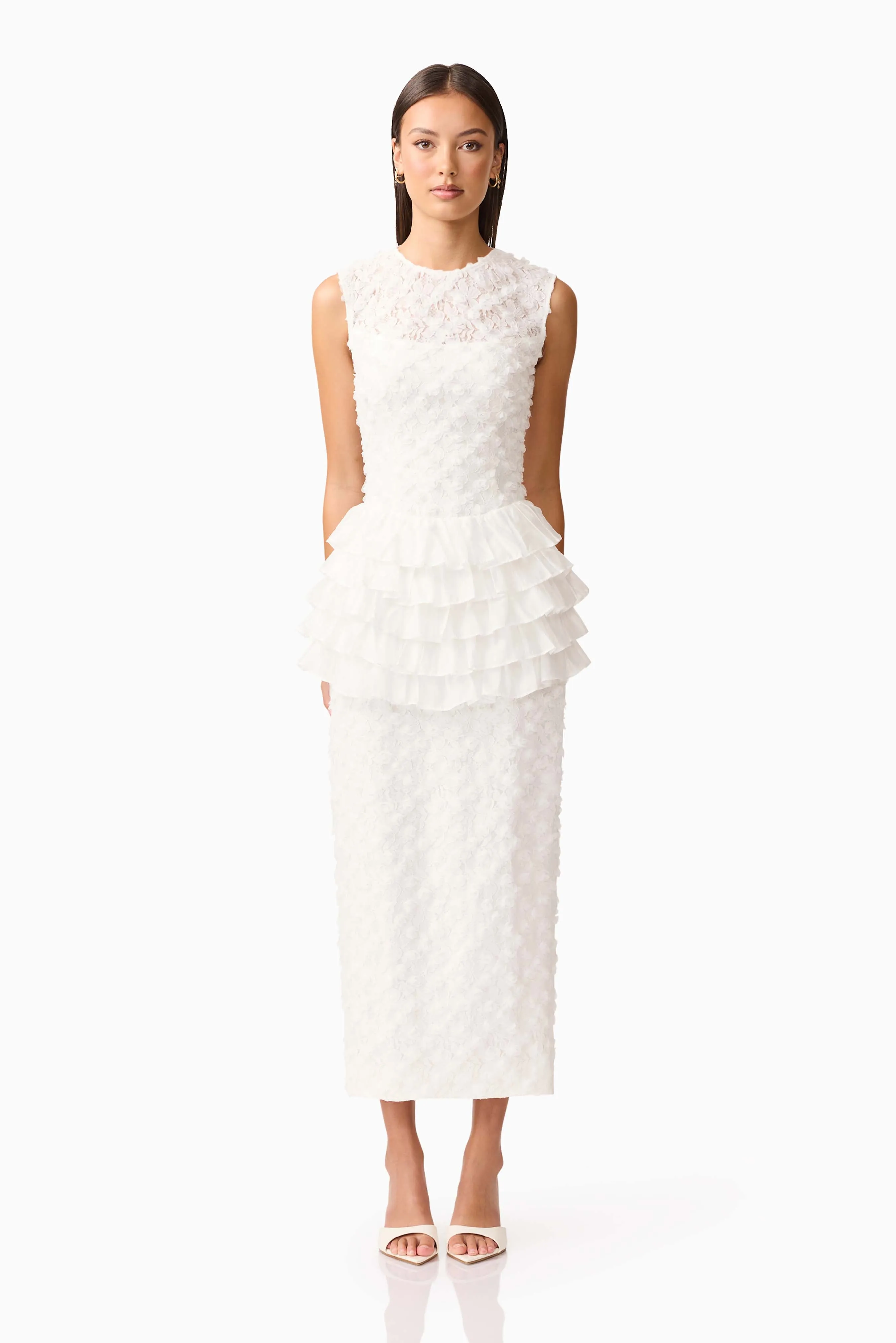 Athena Lace Midi Dress in White sold by Elliatt