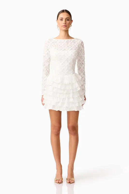 Athena Long Sleeve Lace Mini Dress in White sold by Elliatt