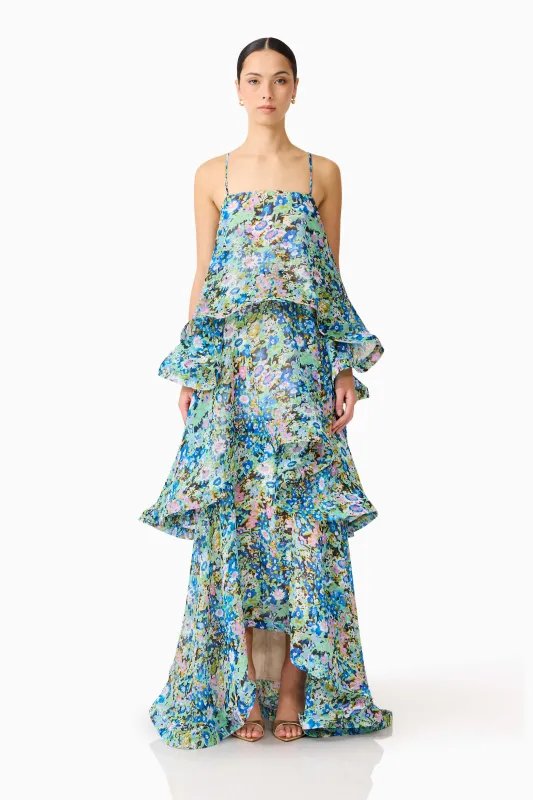 Armani Tiered Maxi Dress In Blue Floral sold by Elliatt