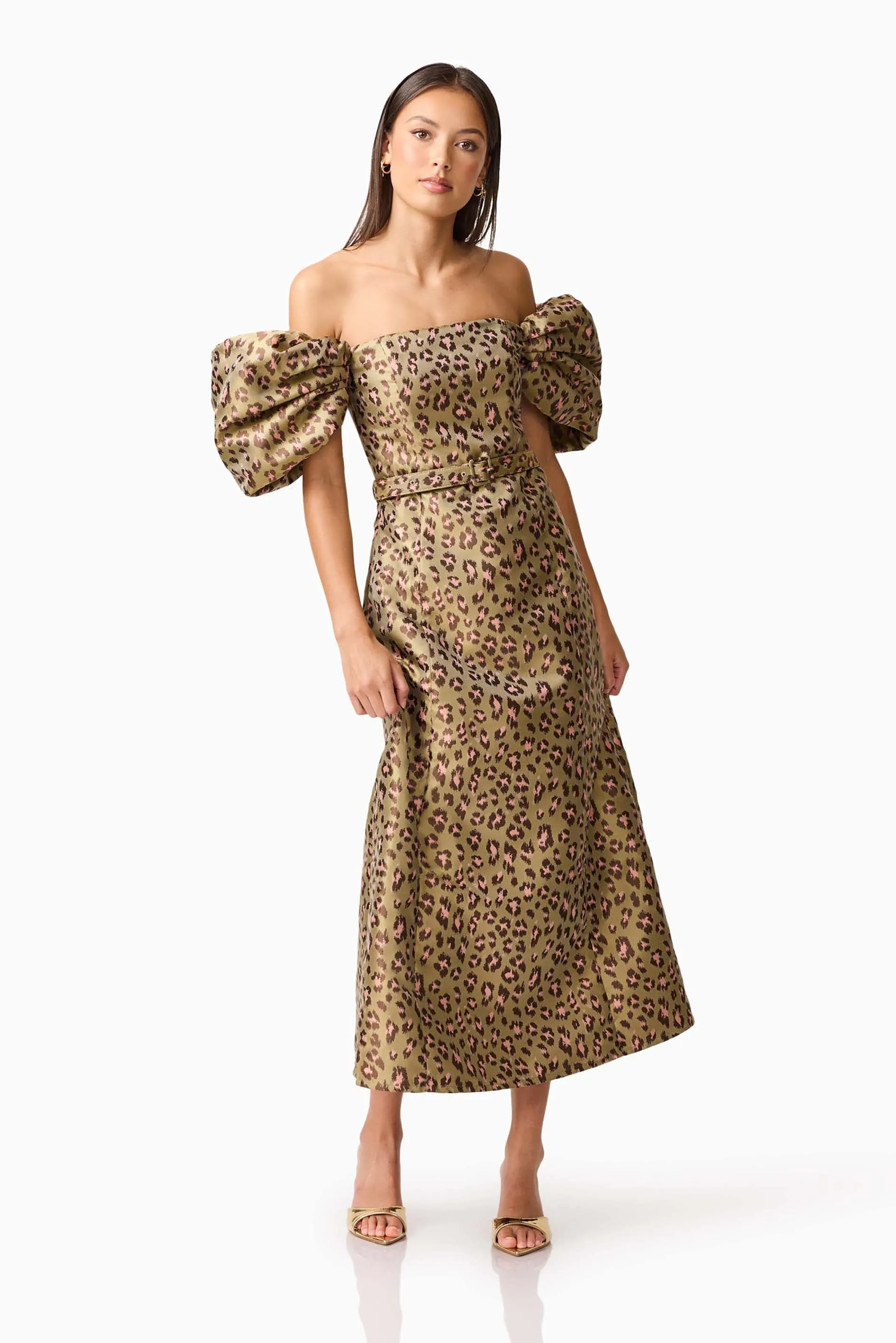 Elara Off The Shoulder Midi Dress in Leopard Print sold by Elliatt product image thumbnail 4