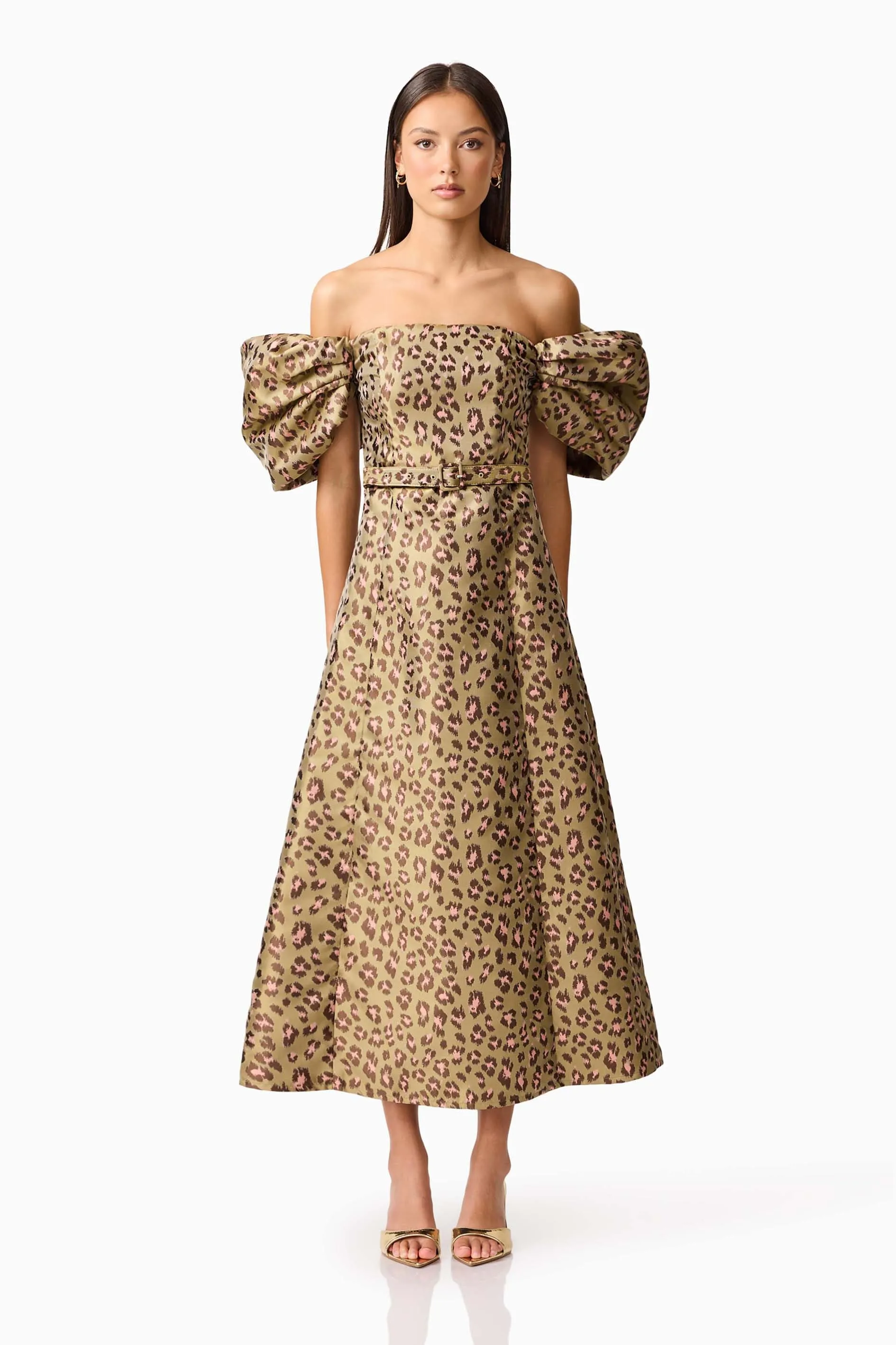 Elara Off The Shoulder Midi Dress in Leopard Print sold by Elliatt