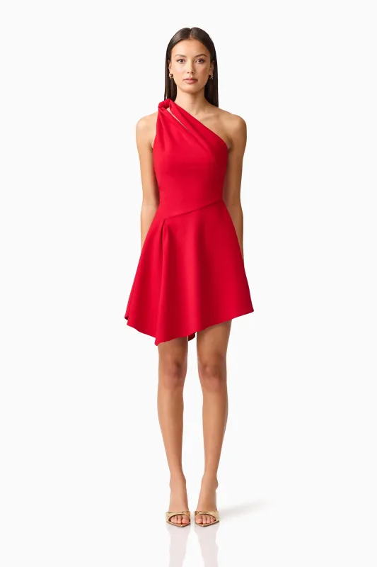 Lila Asymmetrical Mini Dress in Red sold by Elliatt