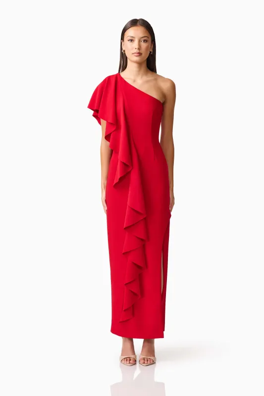 Lila Asymmetrical Gown in Red made by Elliatt