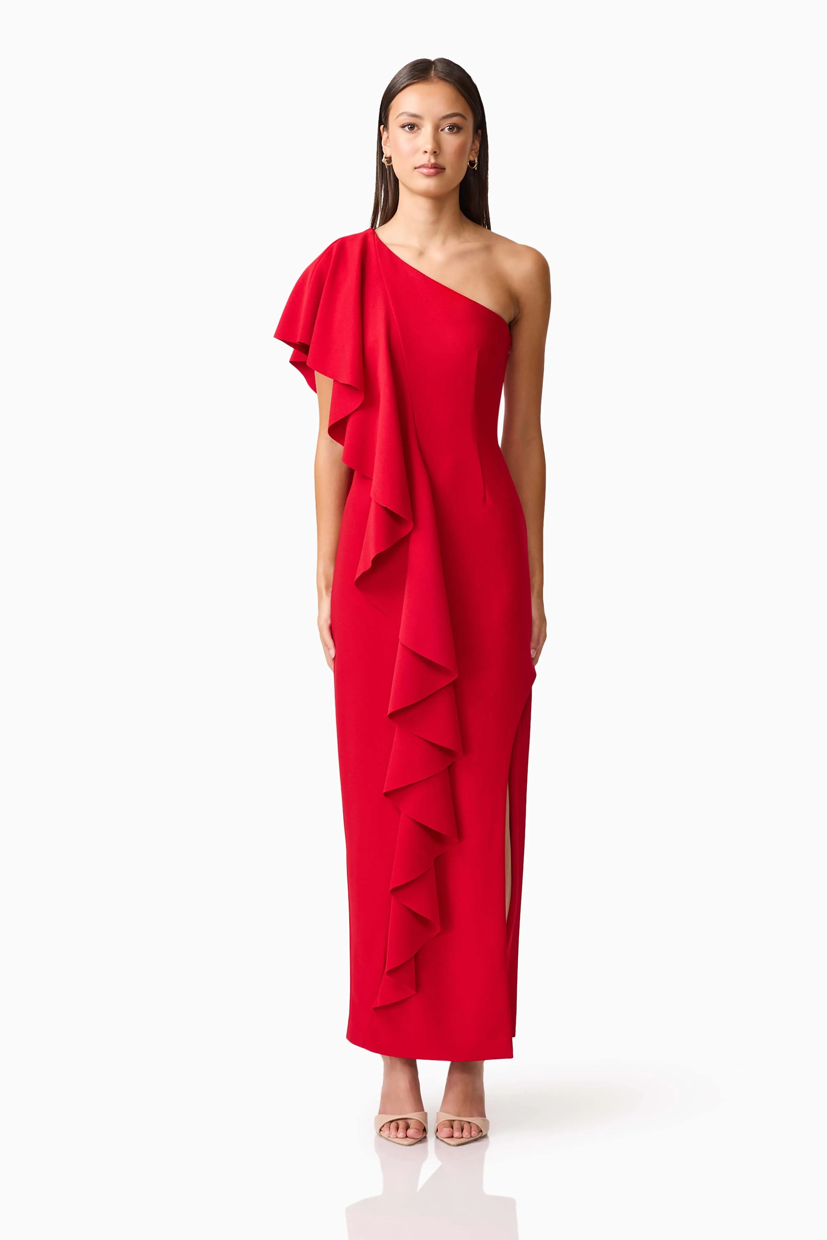 Lila Asymmetrical Gown in Red sold by Elliatt