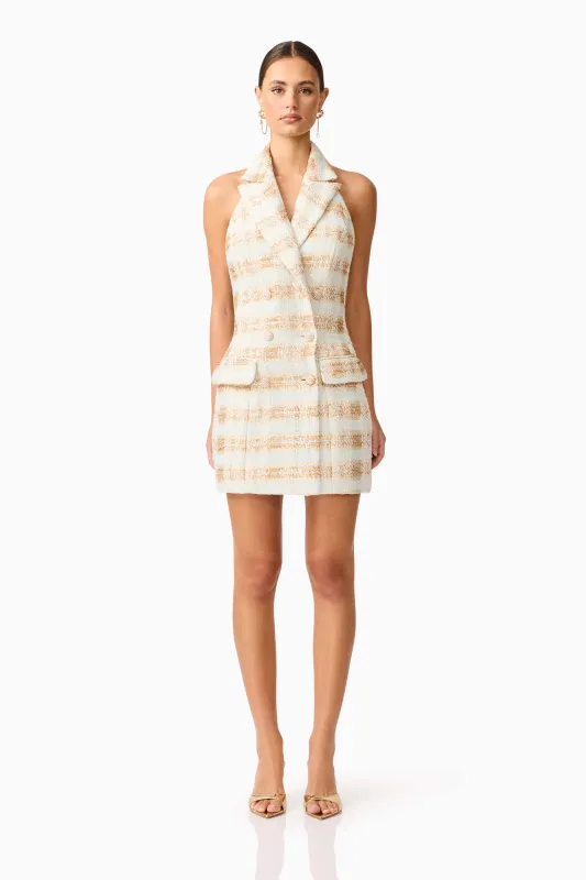 Ashlyn Halter Tweed Mini Dress in White & Gold made by Elliatt