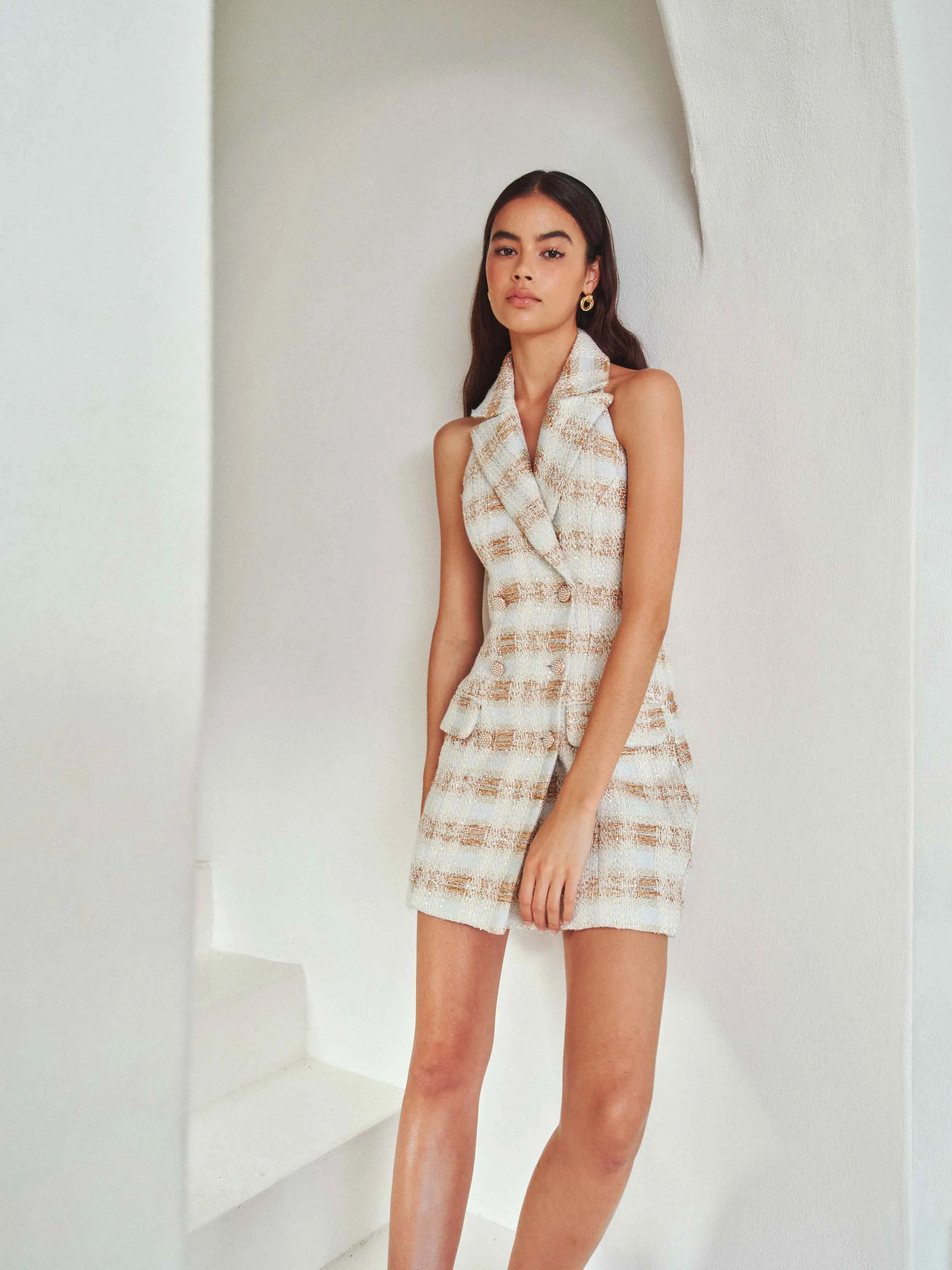 Ashlyn Halter Tweed Mini Dress in White & Gold sold by Elliatt product image thumbnail 2