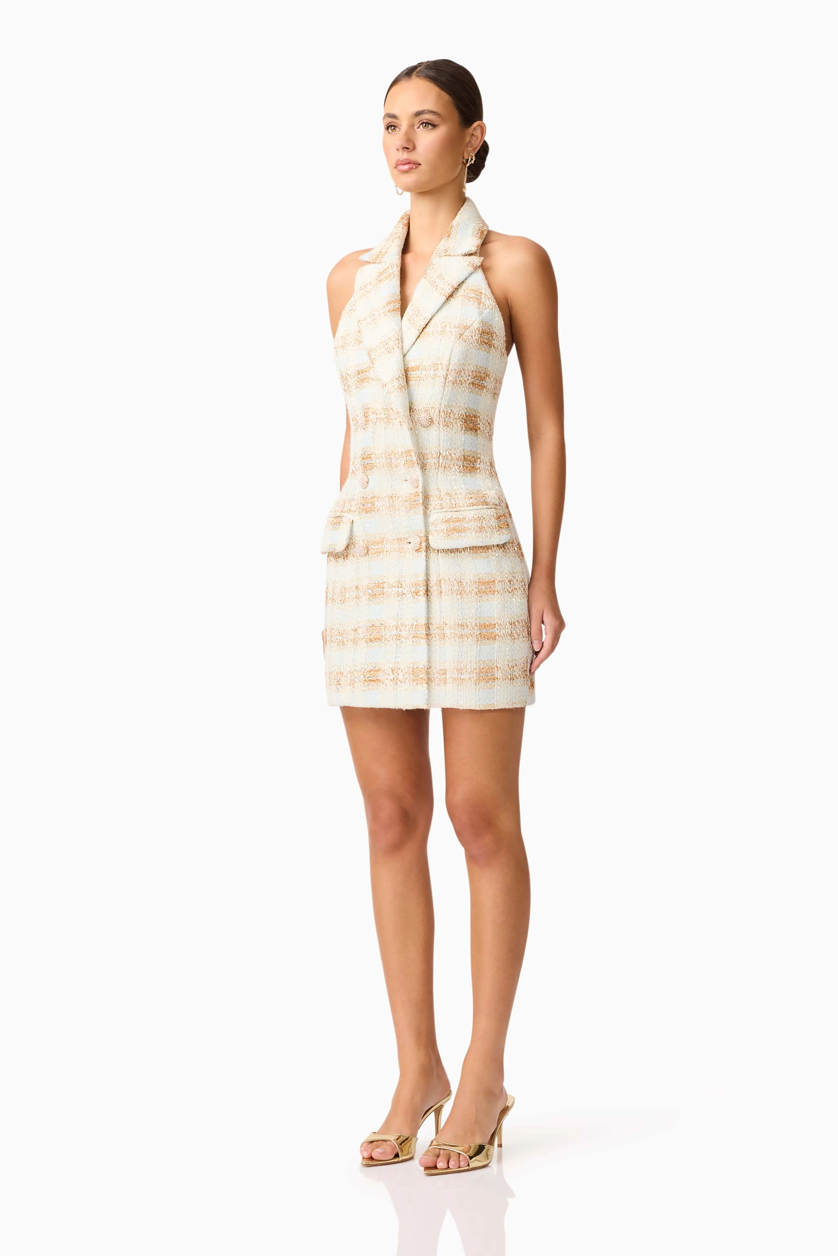 Ashlyn Halter Tweed Mini Dress in White & Gold sold by Elliatt product image thumbnail 3