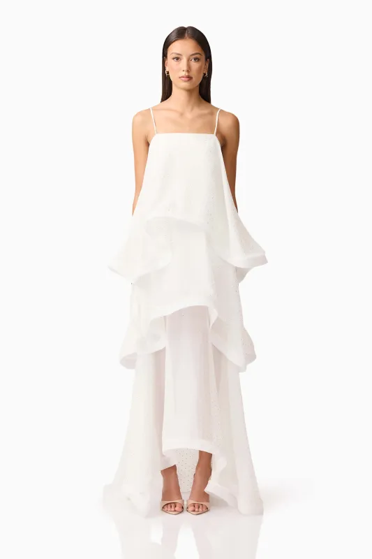 Moss Tiered Gown in White sold by Elliatt