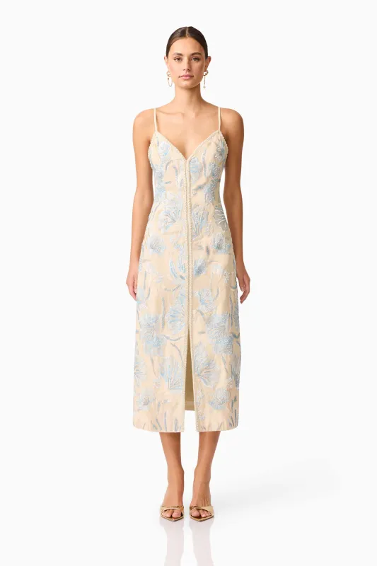 Nia Embroidered Midi Dress in Biege sold by Elliatt