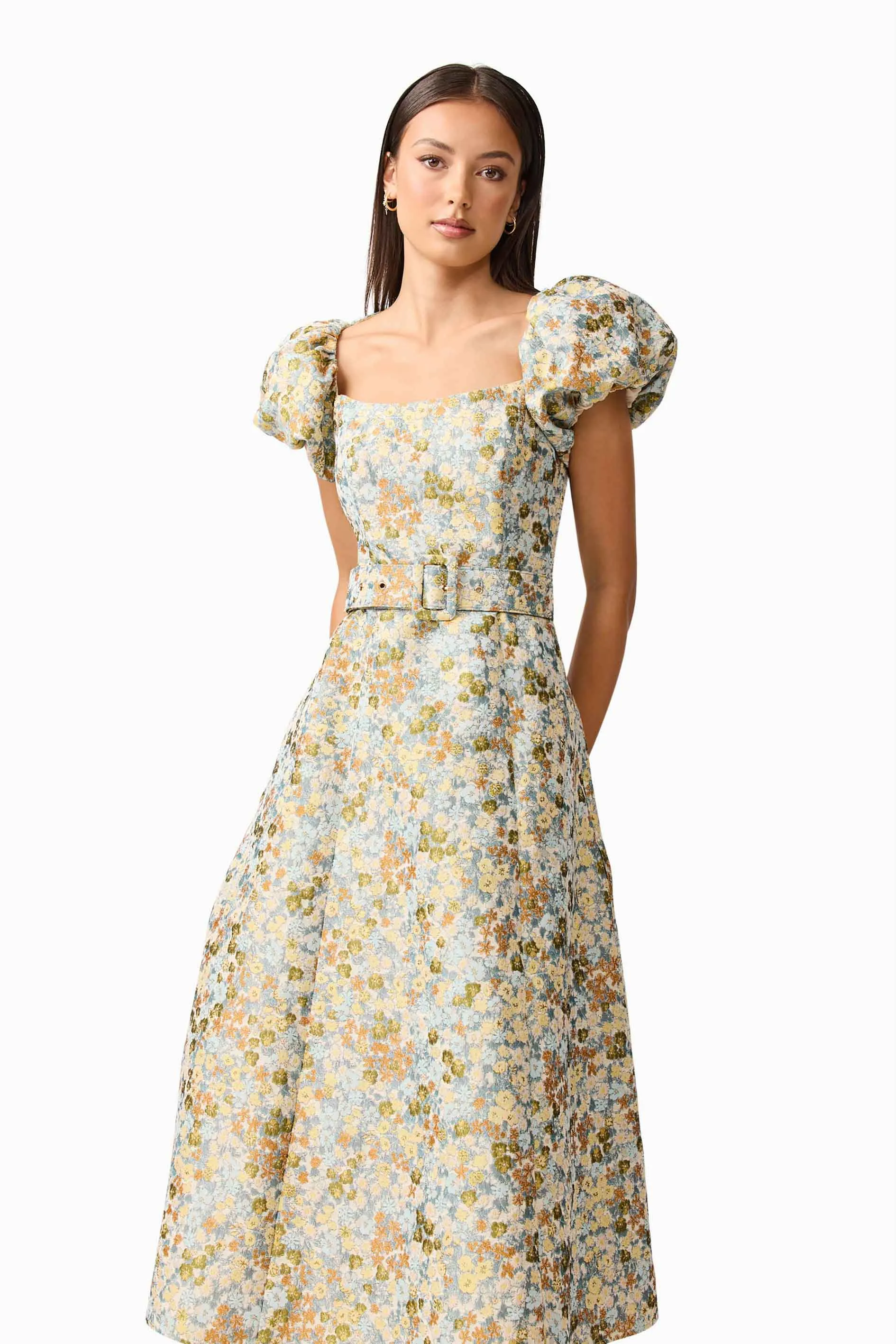 Tasmin Puff Sleeve Midi Dress in Blue & Yellow Floral sold by Elliatt product image thumbnail 5