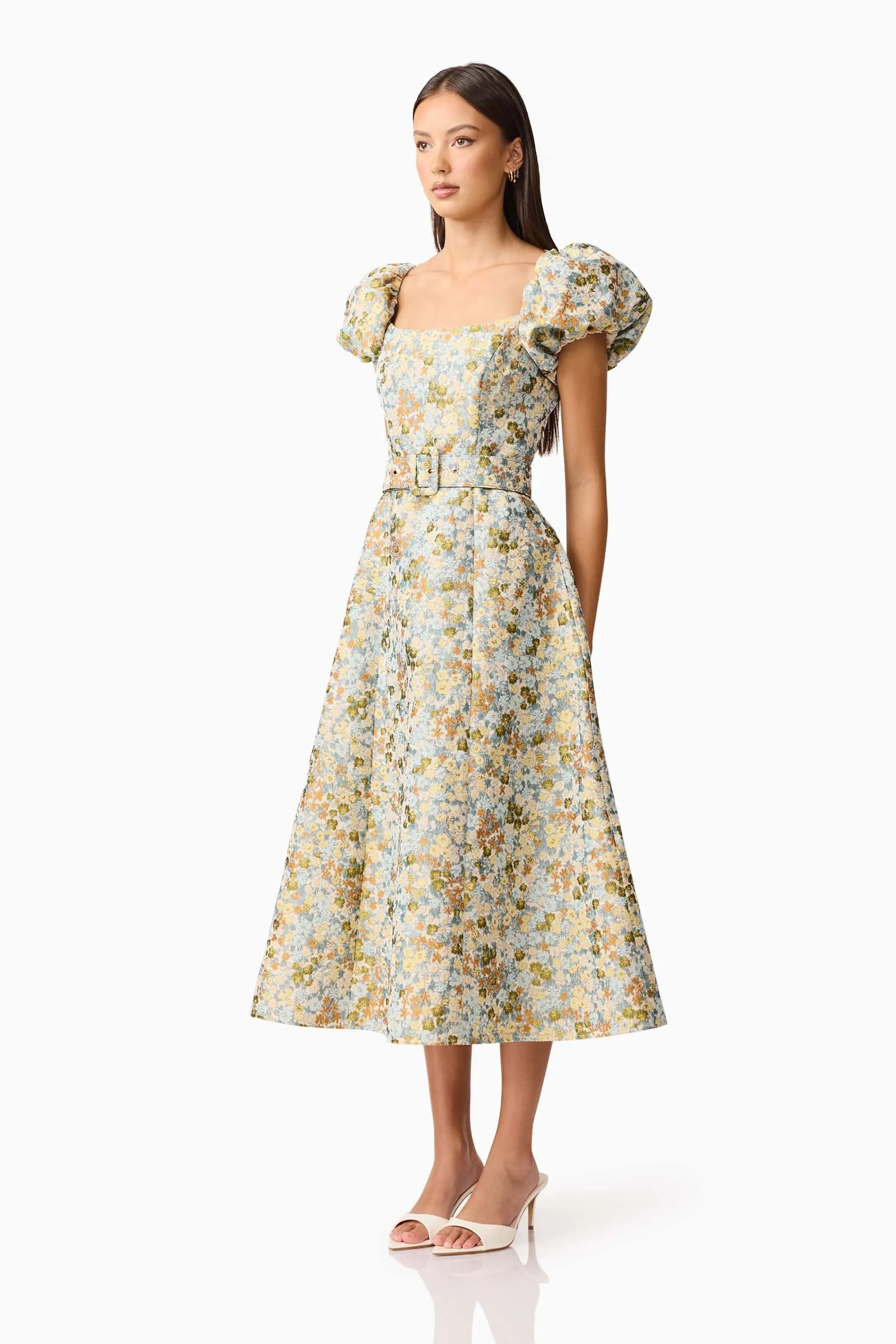 Tasmin Puff Sleeve Midi Dress in Blue & Yellow Floral sold by Elliatt product image thumbnail 3