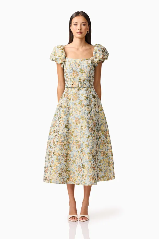 Tasmin Puff Sleeve Midi Dress in Blue & Yellow Floral sold by Elliatt