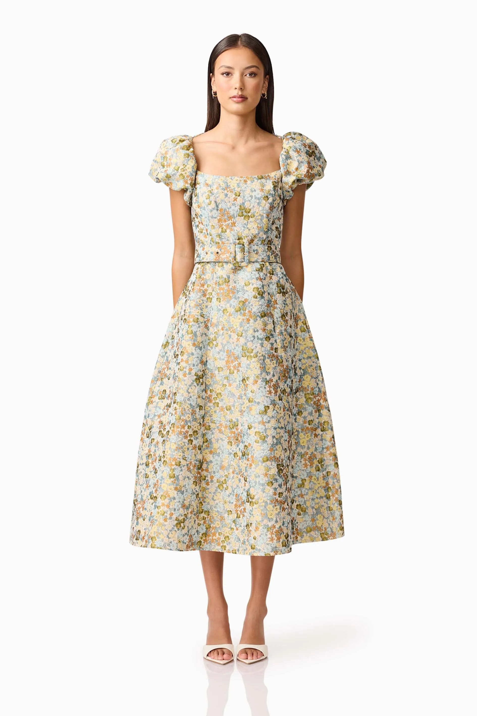 Tasmin Puff Sleeve Midi Dress in Blue & Yellow Floral sold by Elliatt
