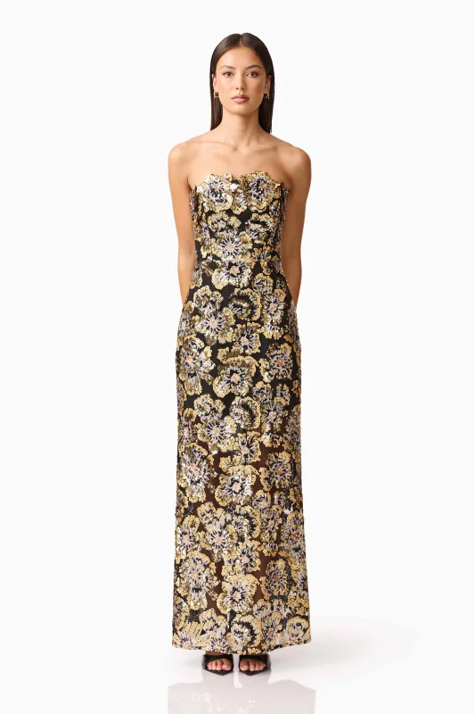 Celeste Strapless Gown in Black and Gold made by Elliatt