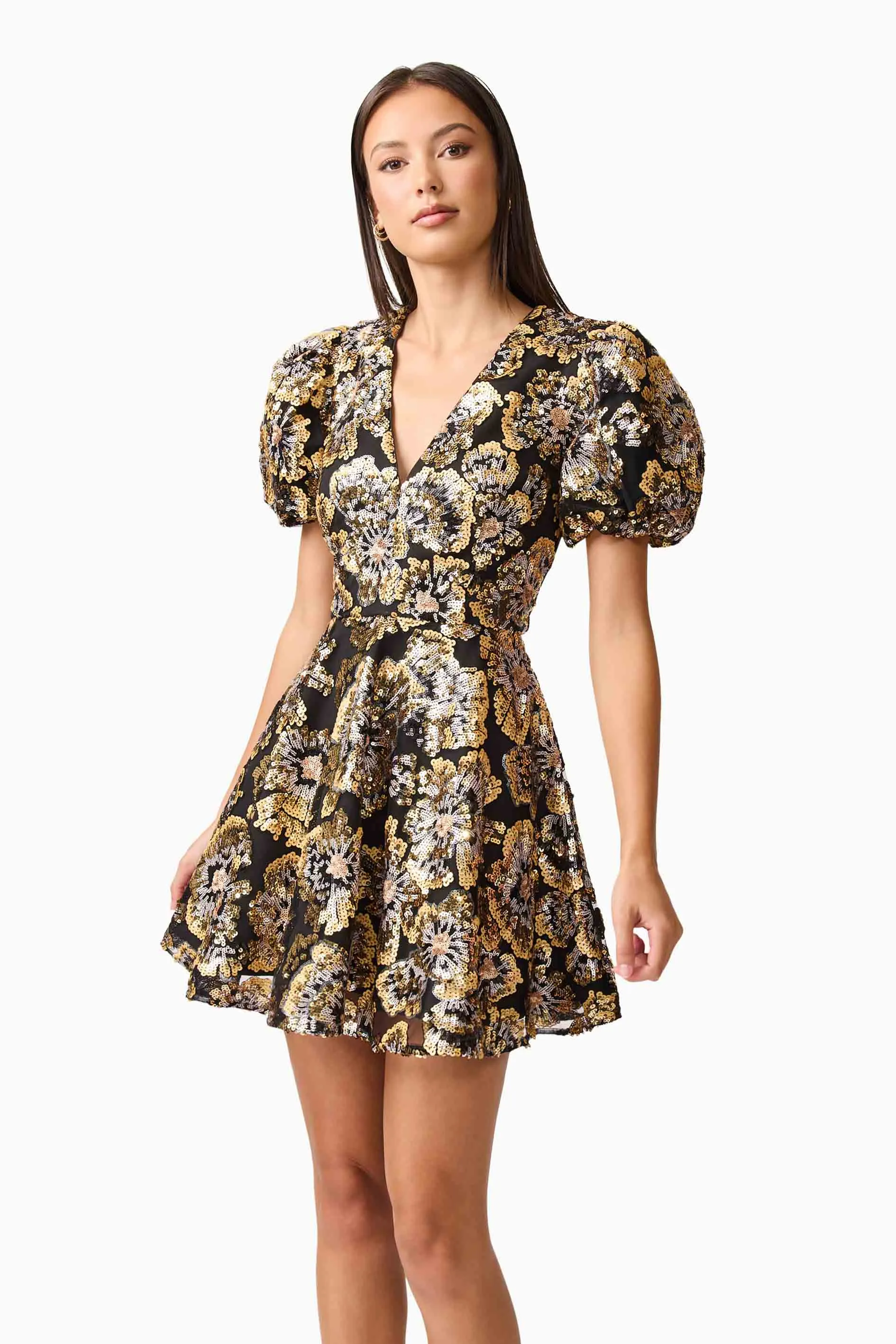 Celeste Puff Sleeve Mini Dress in Black and Gold sold by Elliatt product image thumbnail 2