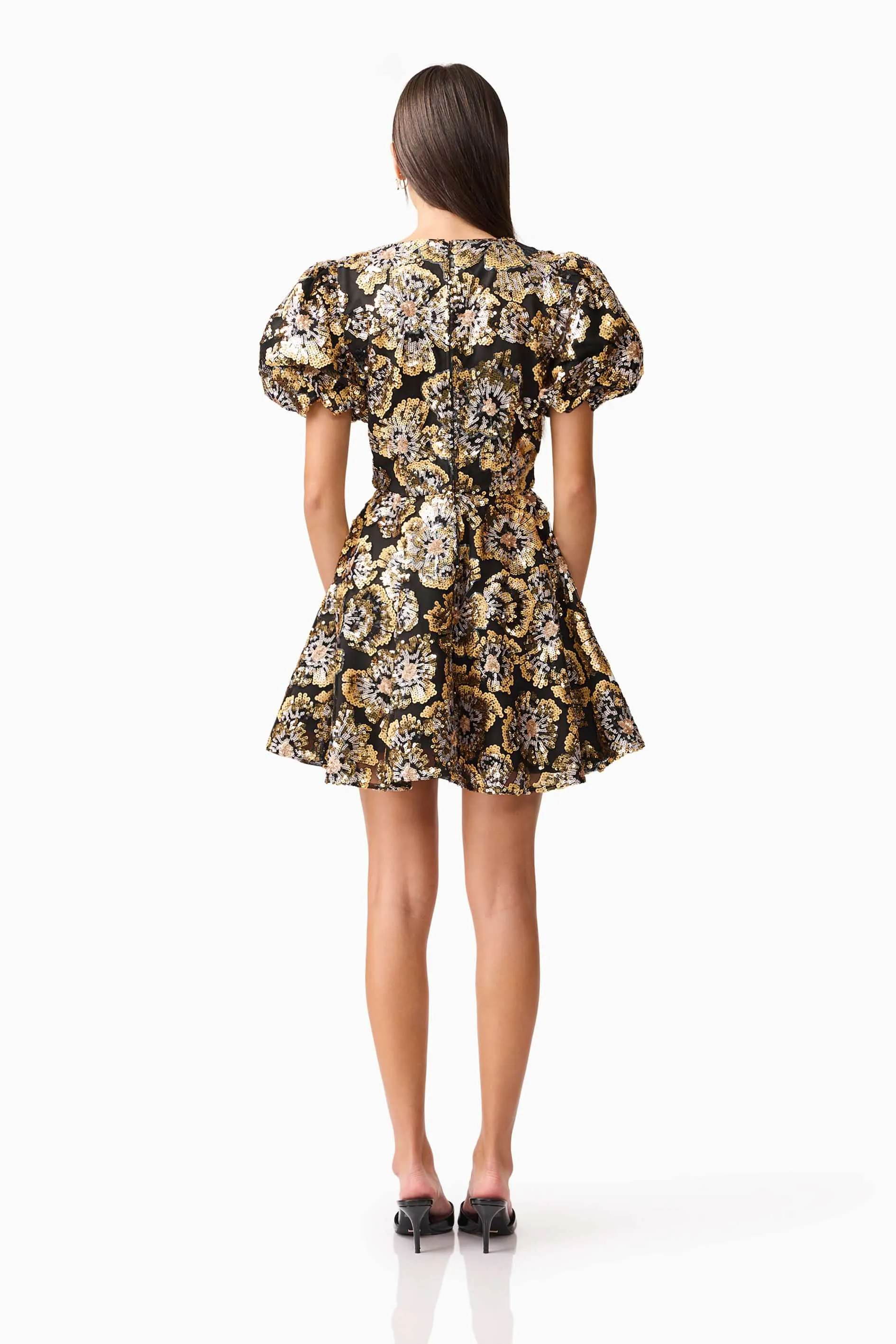 Celeste Puff Sleeve Mini Dress in Black and Gold sold by Elliatt product image thumbnail 5