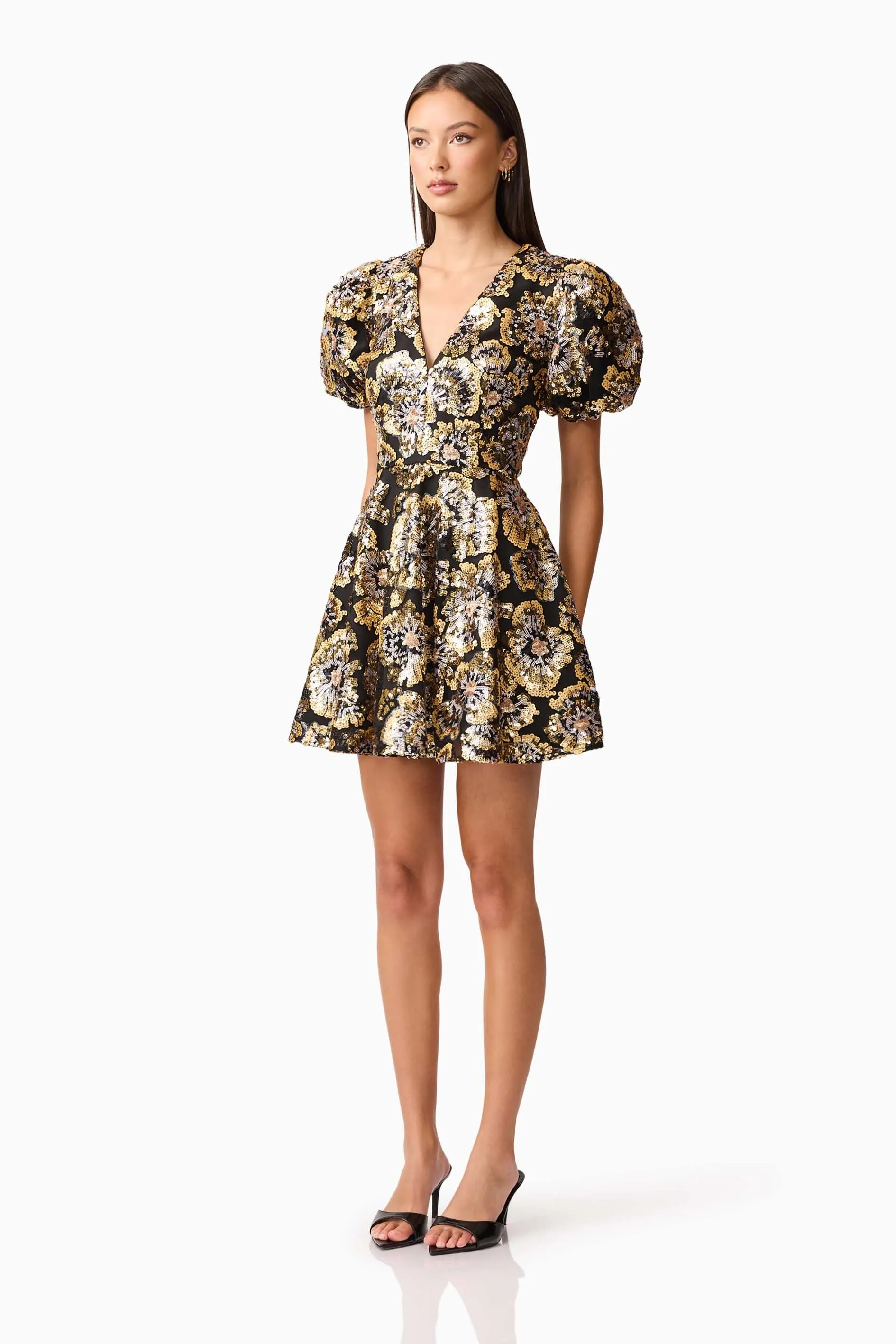 Celeste Puff Sleeve Mini Dress in Black and Gold sold by Elliatt product image thumbnail 3