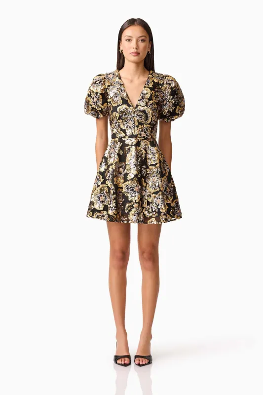 Celeste Puff Sleeve Mini Dress in Black and Gold sold by Elliatt