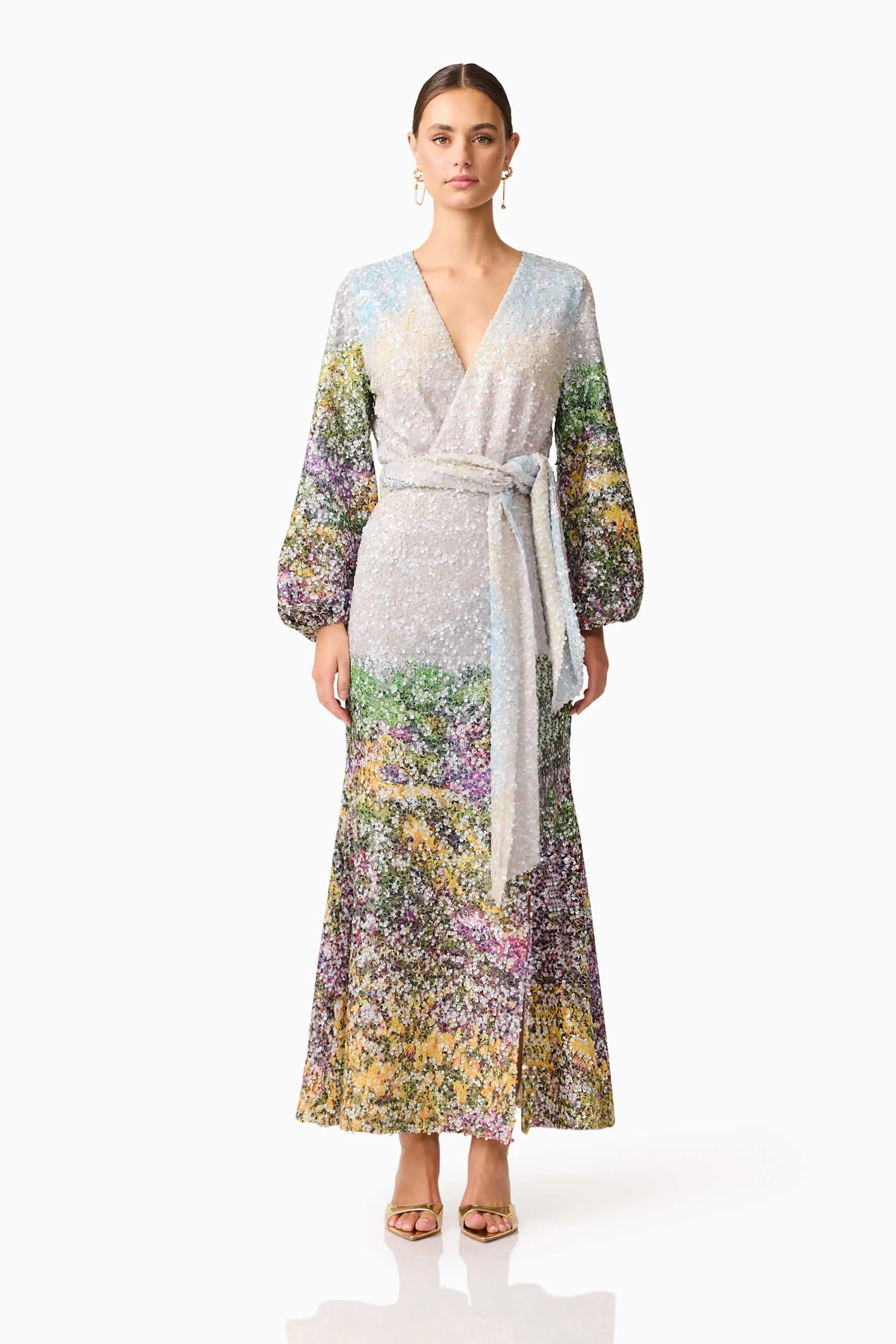 Arden Long Sleeve Gown in Multi Ombre sold by Elliatt