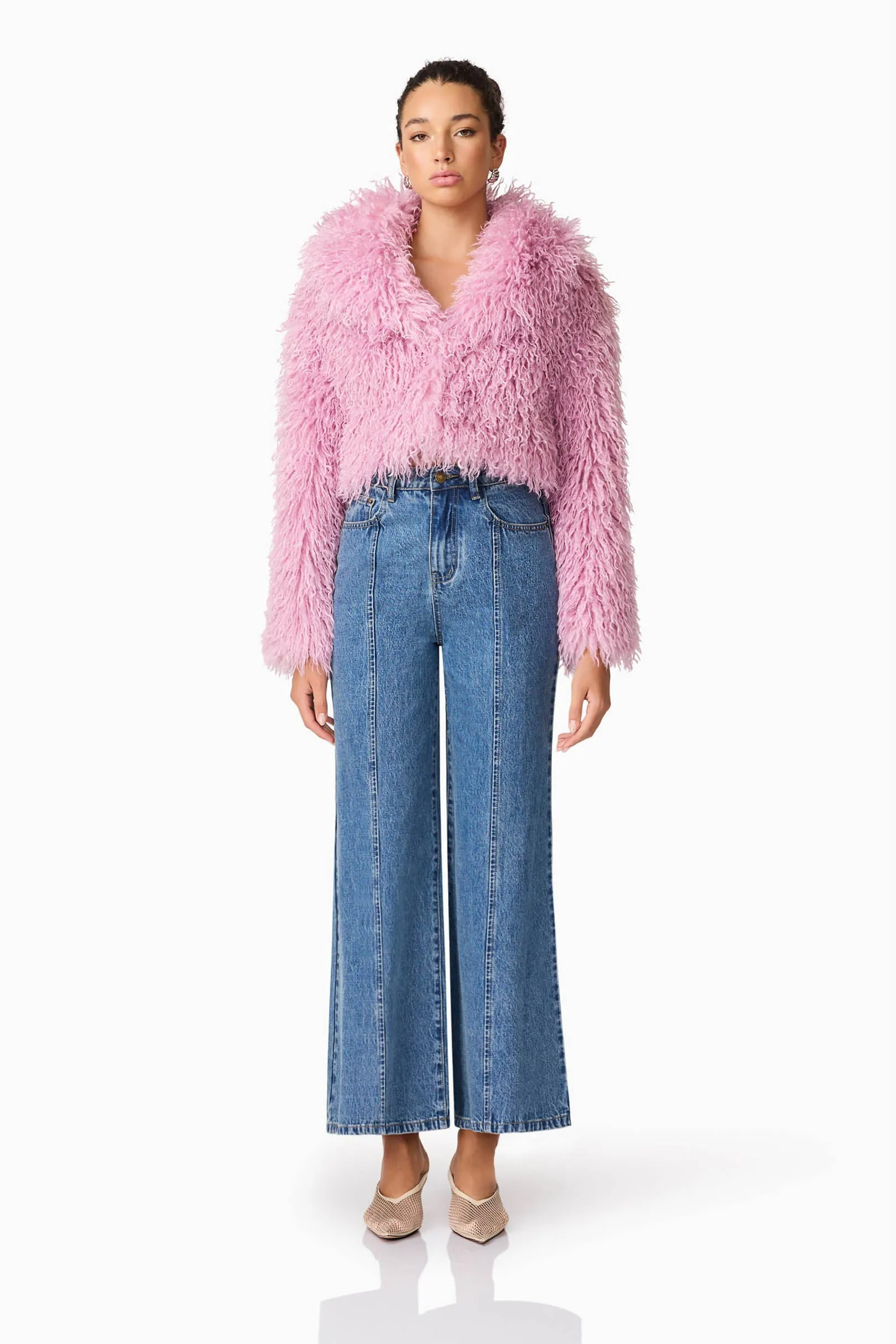 Trisha Faux Fur Cropped Jacket in Pink sold by Elliatt