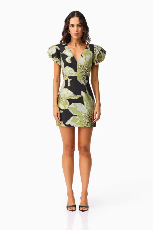 Elysia Cap Sleeve Mini Dress in Black & Green Floral made by Elliatt