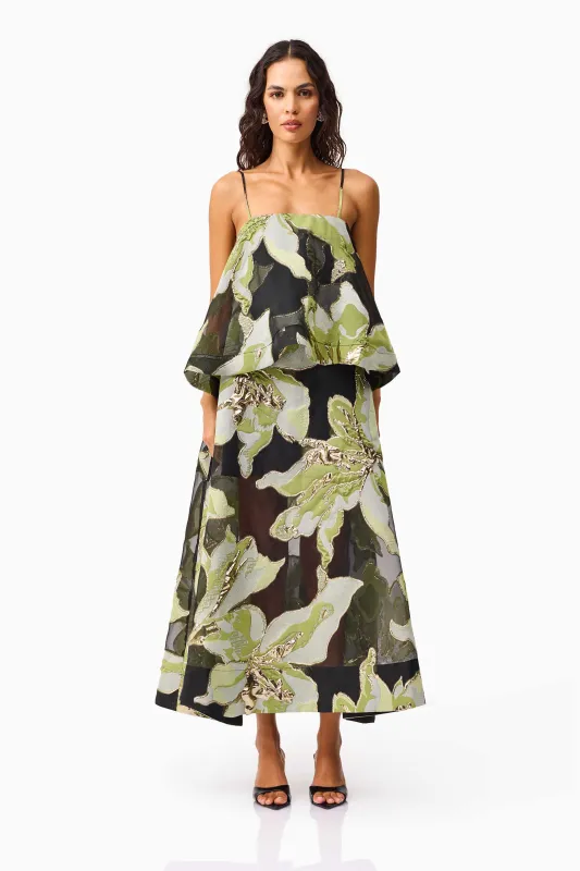Elysia Tiered Gown in Black & Green Floral sold by Elliatt
