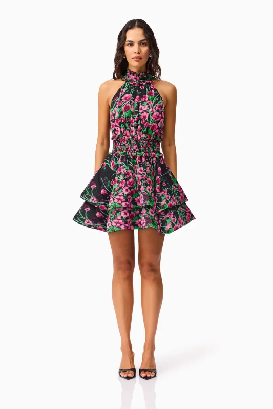 Estelle Halter Mini Dress in Black & Pink Floral sold by Elliatt