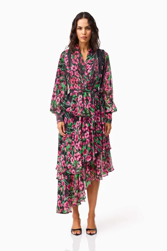 Estelle Long Sleeve Maxi Dress in Black & Pink Floral sold by Elliatt