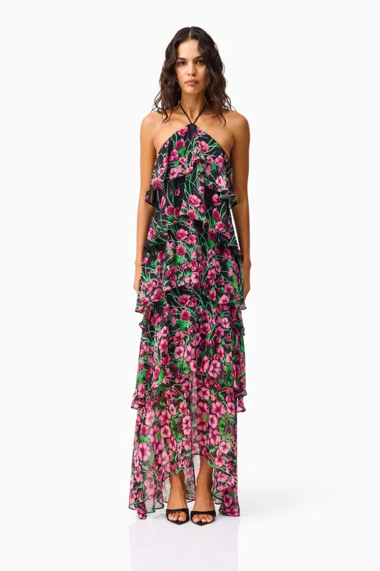 Estelle Halter Gown in Black & Pink Floral sold by Elliatt
