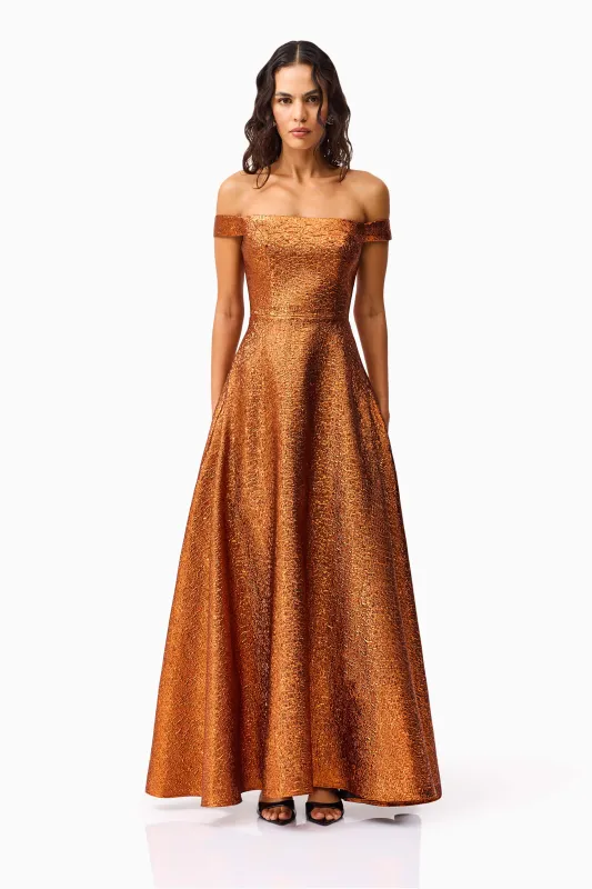 Sapphira Off The Shoulder Gown in Orange made by Elliatt