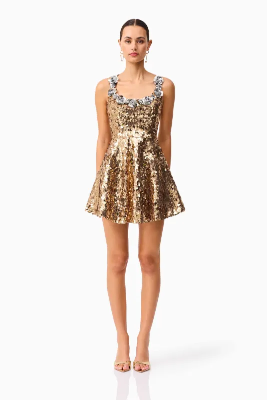 Noelle Sequin Mini Dress in Gold sold by Elliatt