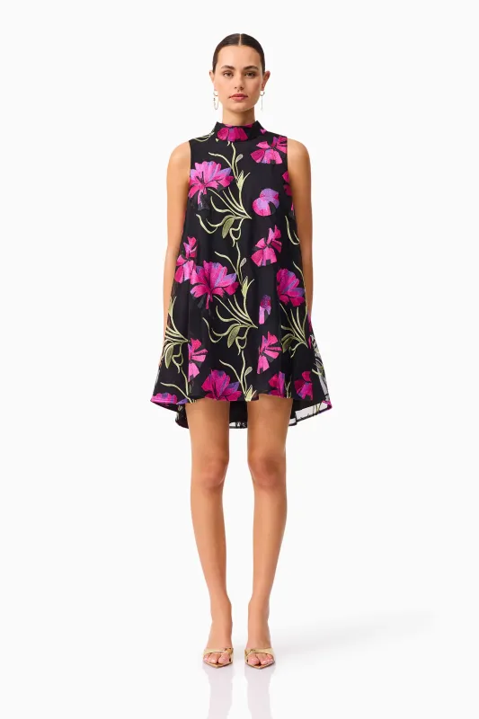 Amaya High Neck Mini Dress in Black & Pink Floral sold by Elliatt