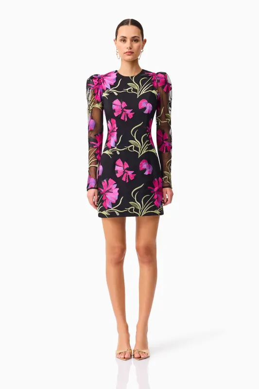 Amaya Long Sleeve Mini Dress in Black & Pink Floral sold by Elliatt