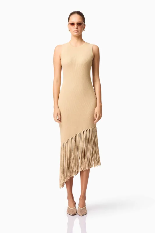 CURAAE Selah Asymmetrical Midi Dress in Beige sold by Elliatt