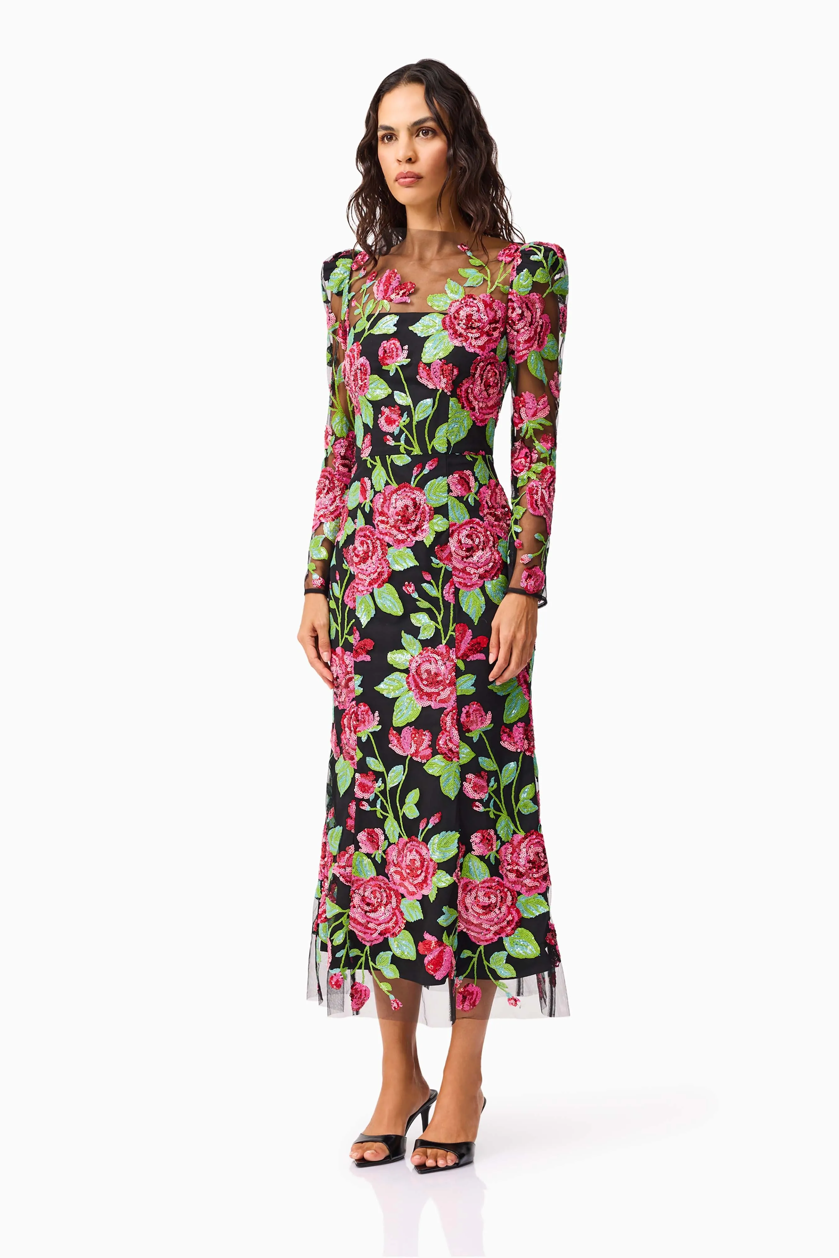 Lyra Sequin Long Sleeve Midi Dress in Pink & Green Floral sold by Elliatt product image thumbnail 3