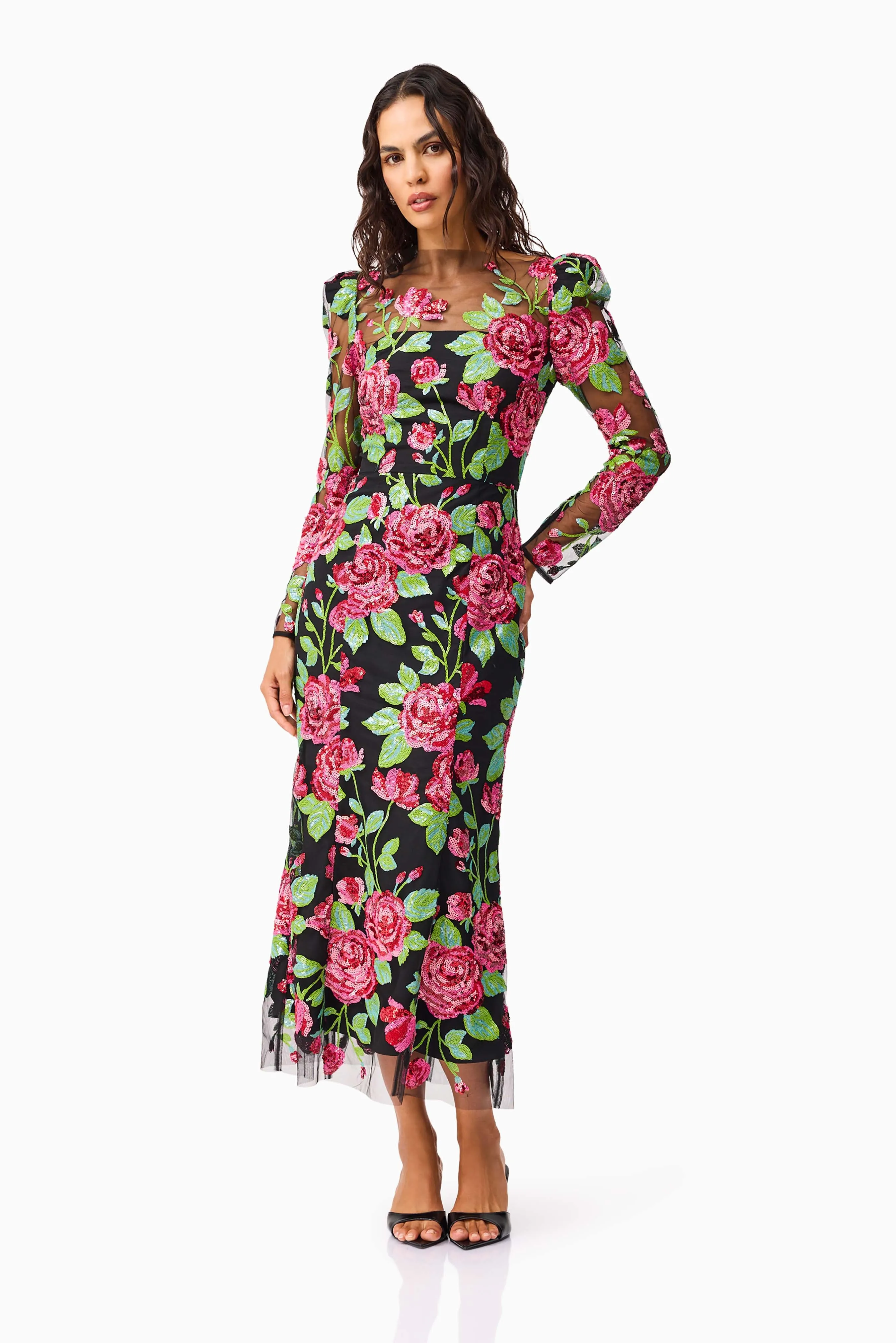Lyra Sequin Long Sleeve Midi Dress in Pink & Green Floral sold by Elliatt product image thumbnail 4