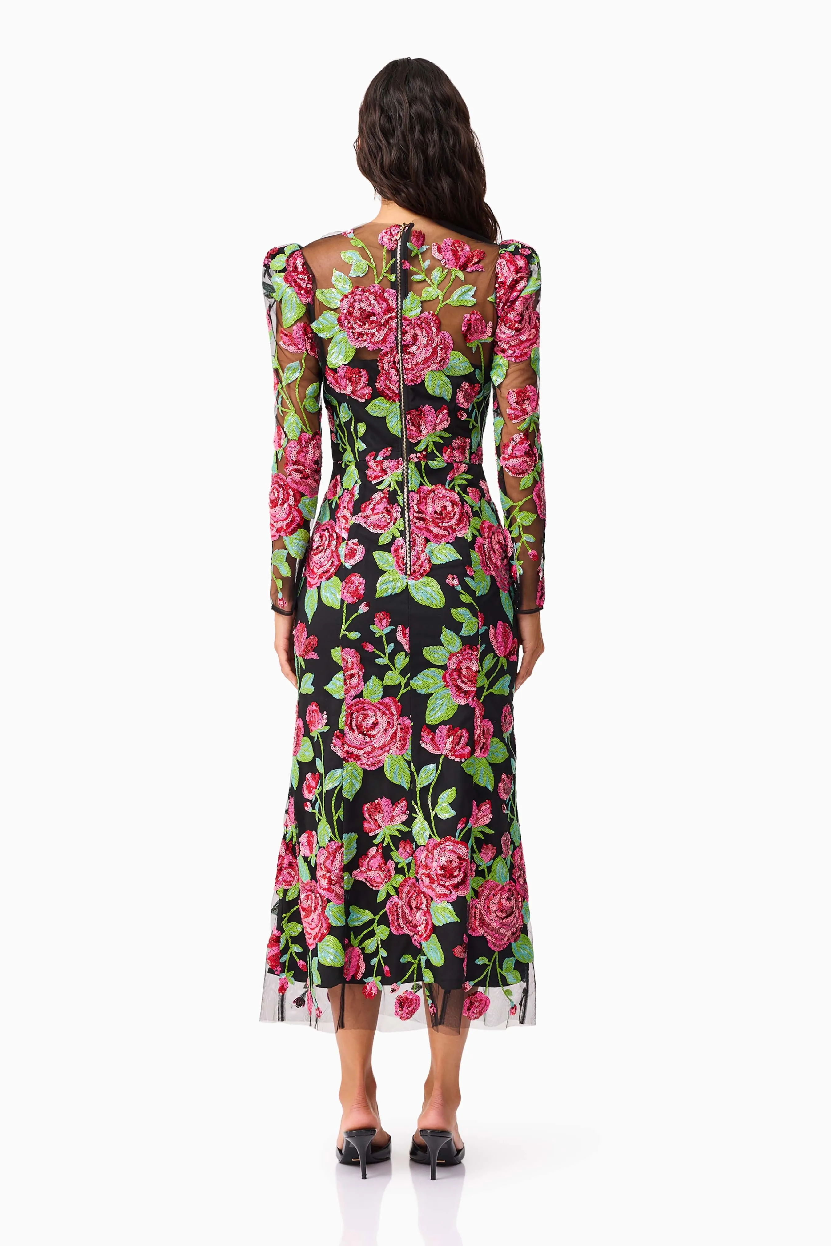 Lyra Sequin Long Sleeve Midi Dress in Pink & Green Floral sold by Elliatt product image thumbnail 5