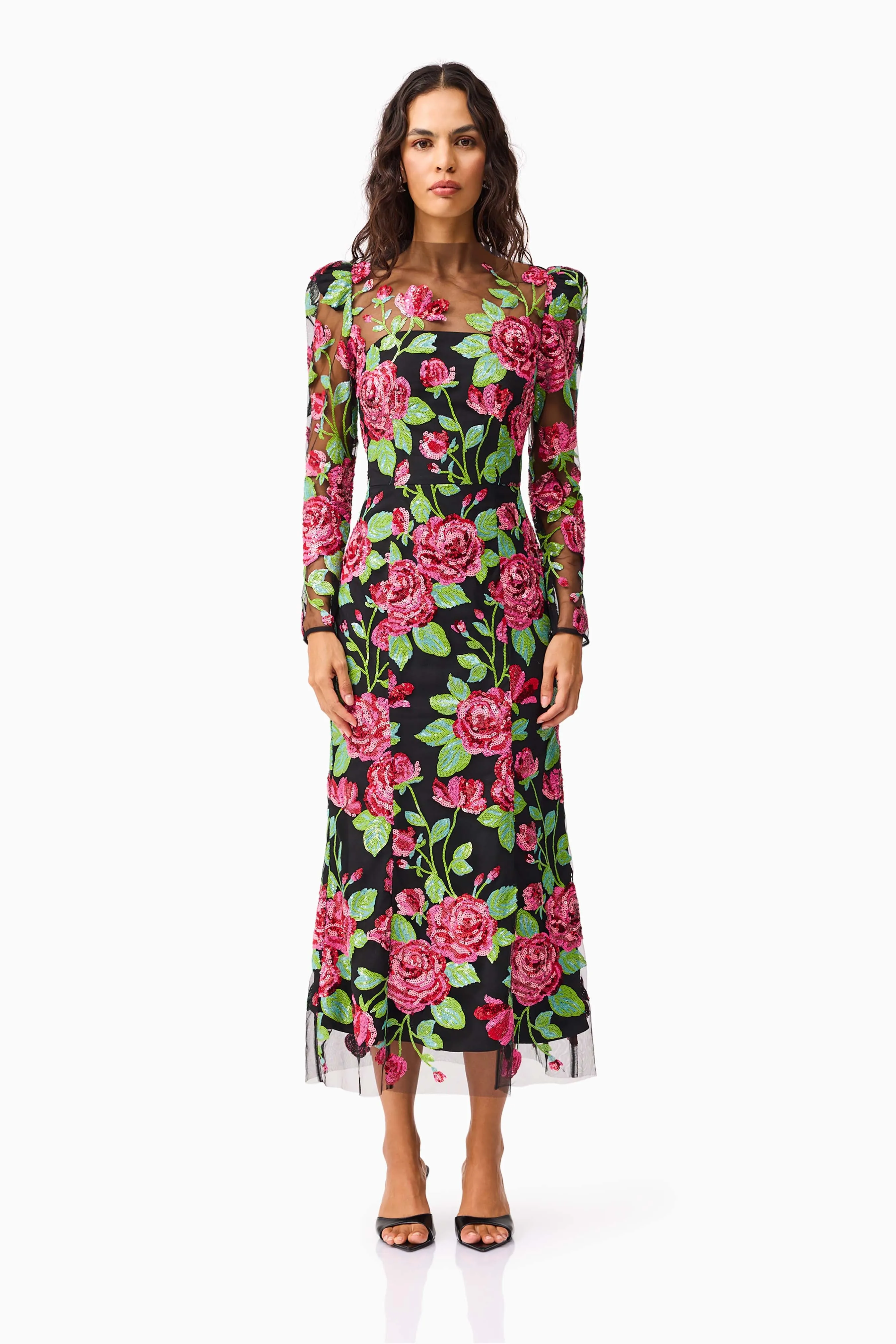 Lyra Sequin Long Sleeve Midi Dress in Pink & Green Floral sold by Elliatt