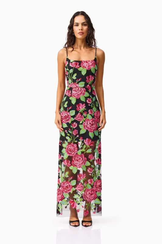 Lyra Sequin Gown in Pink & Green Floral sold by Elliatt