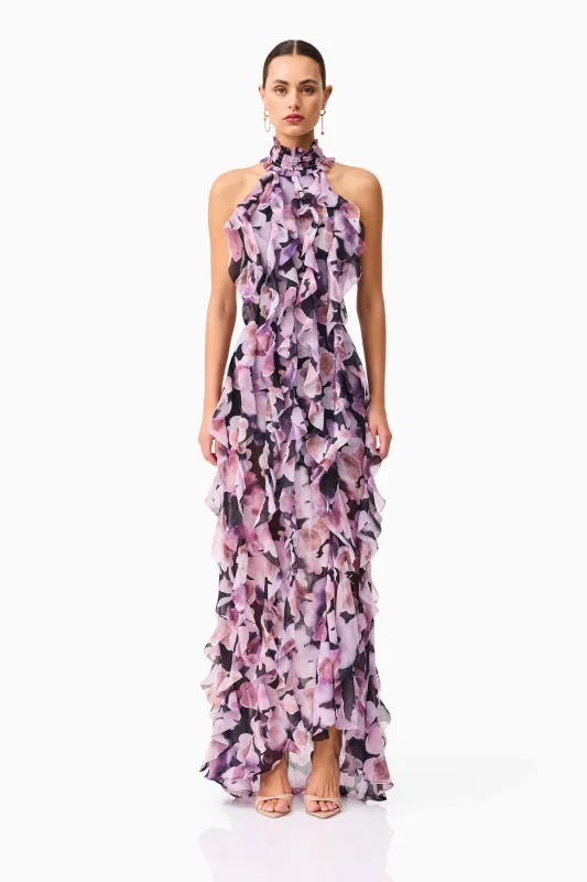 Solene Halter Gown in Purple Floral made by Elliatt