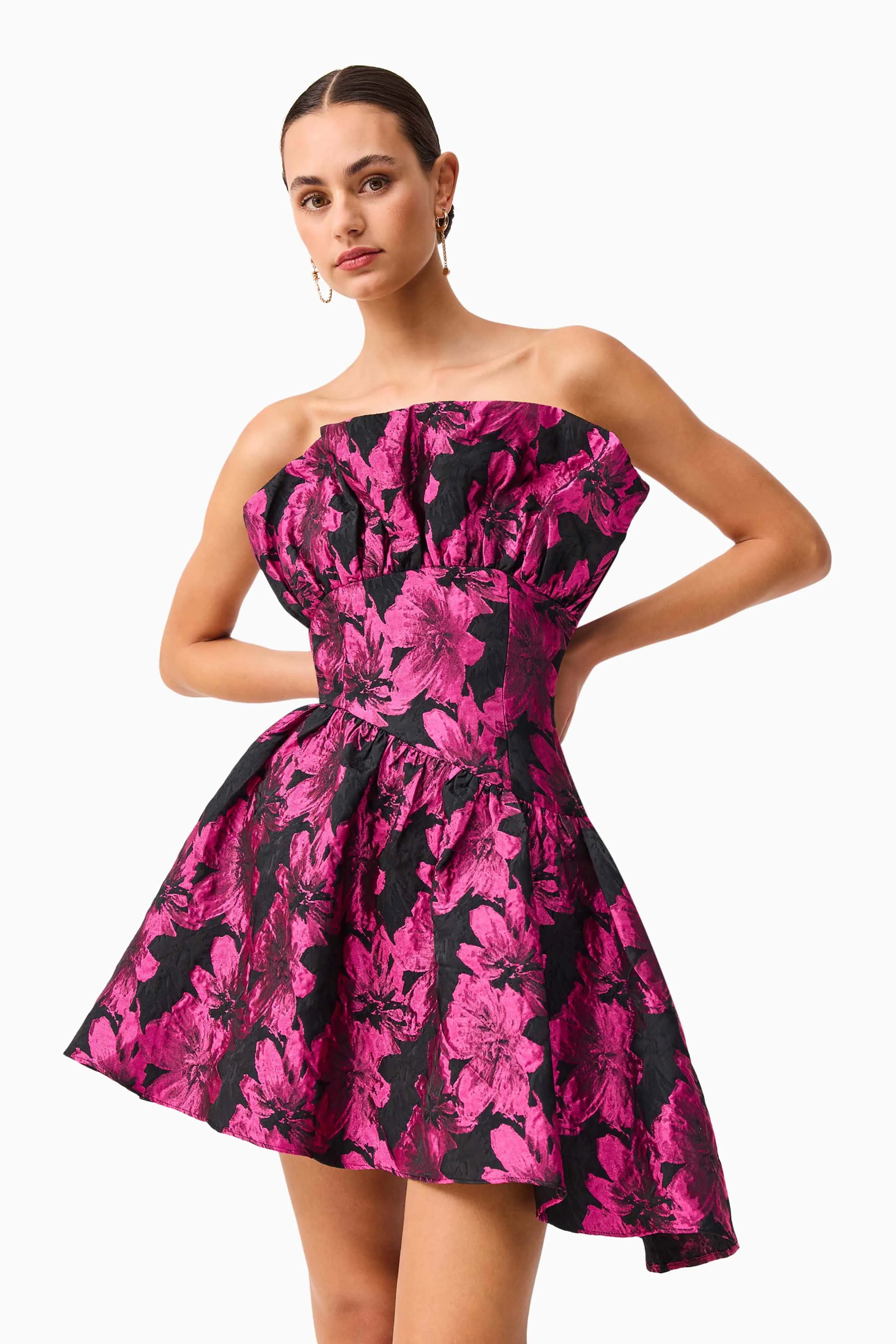 Holly Asymmetrical Mini Dress in Pink & Black Floral sold by Elliatt product image thumbnail 2