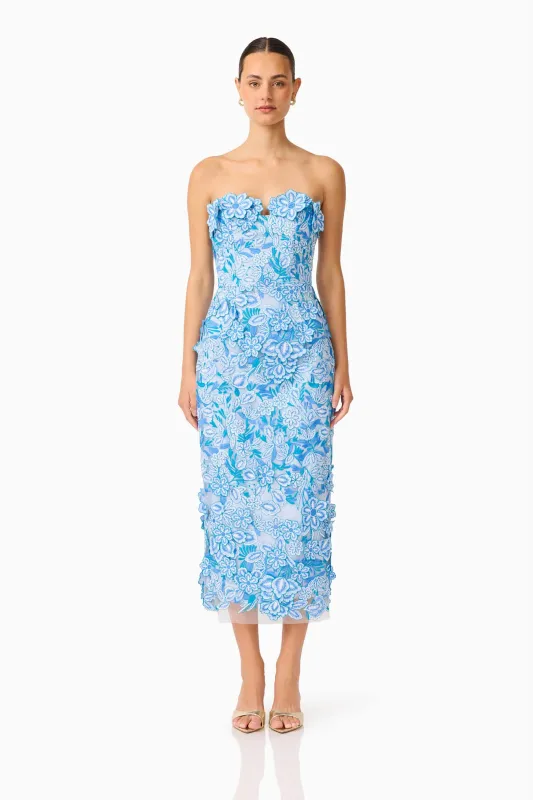 Roseate Strapless Midi Dress in Blue sold by Elliatt