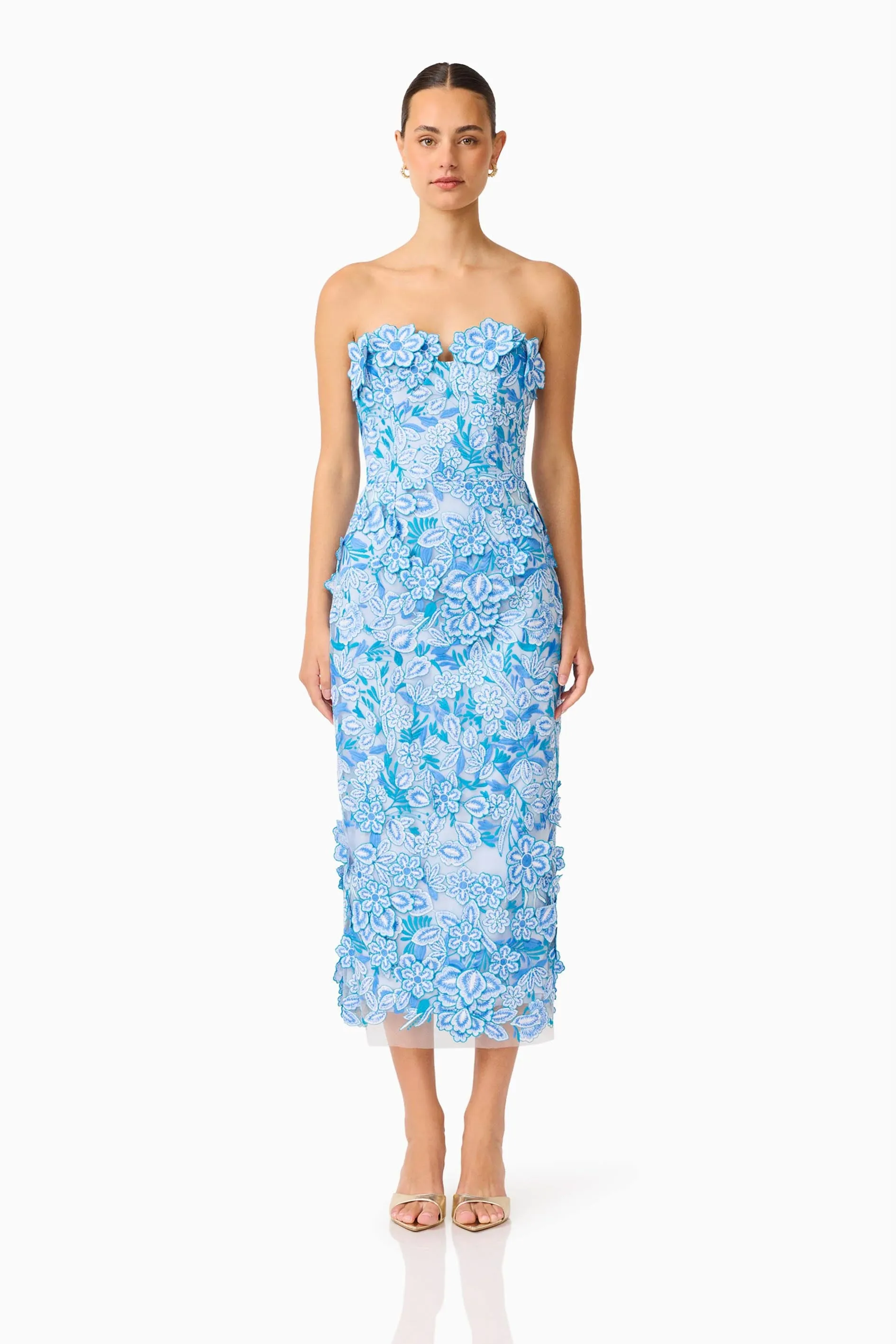 Roseate Strapless Midi Dress in Blue sold by Elliatt
