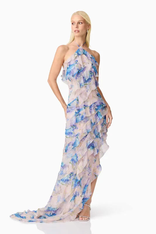Briony Asymmetrical Maxi Dress in Pink & Blue Floral sold by Elliatt